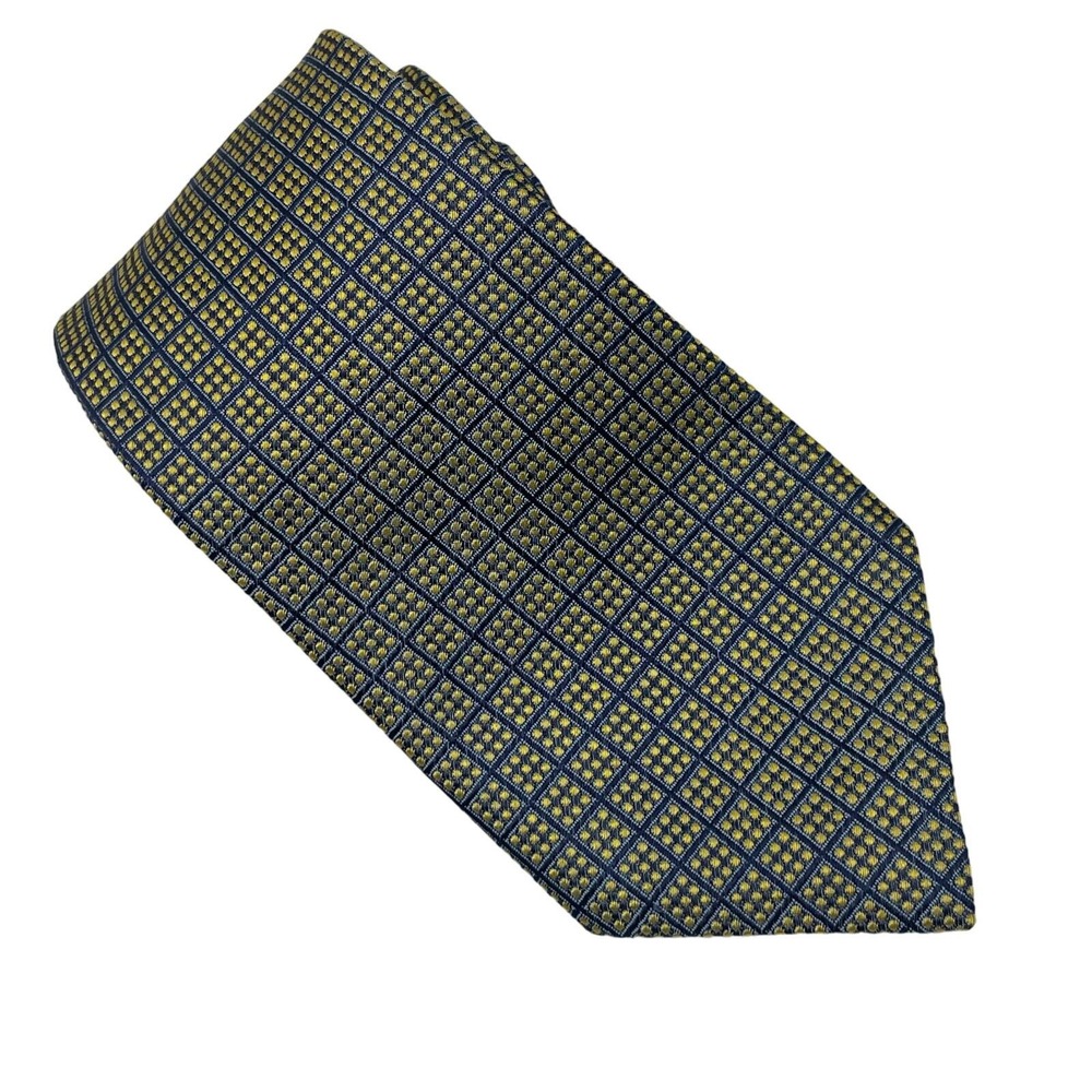 Brooks Basics Necktie Blue Gold Windowpane Dots Geometric Silk